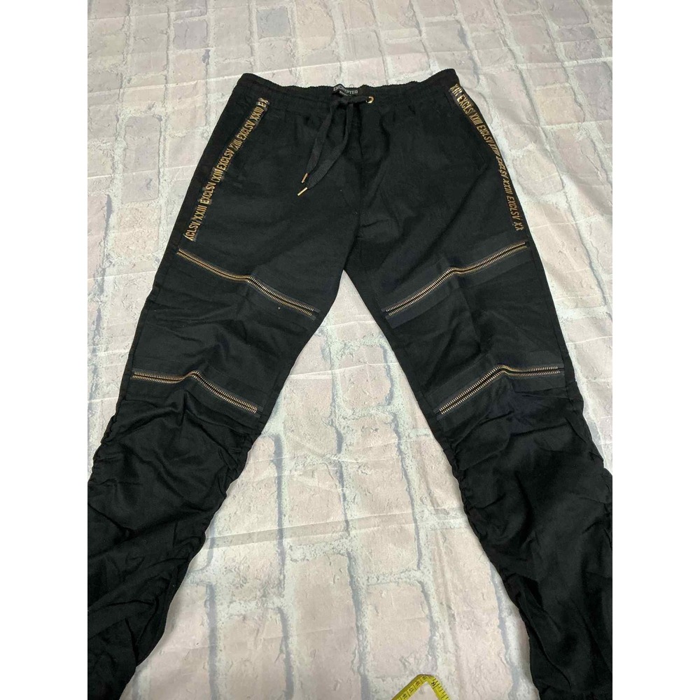 ENCRYPTED Mens Jogger Pants Black Gold Zipper Detail‎ Drawstring Size 2XL